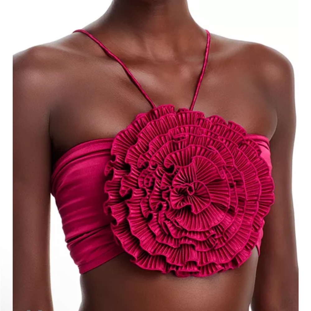 L’idee Triumph Crop Pleated 3D Flower Rosette Lace Up Back Bra Top size US 6 - Picture 3 of 12